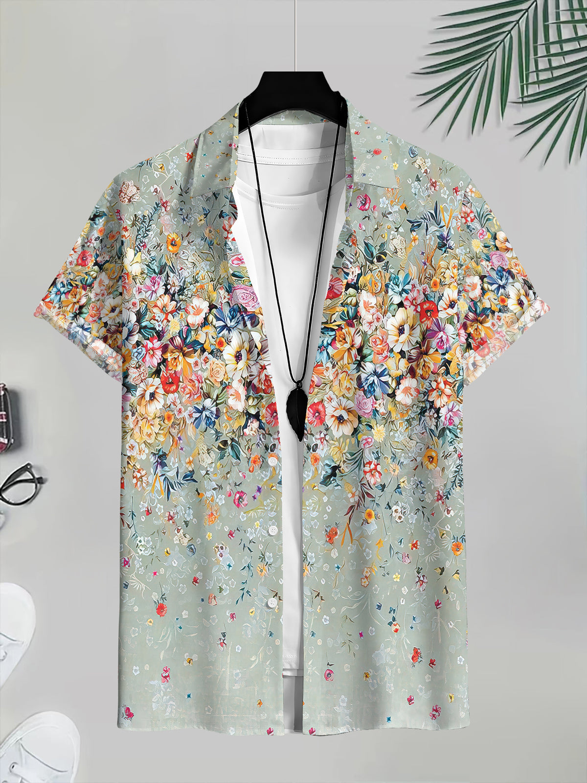 Floral Print Men'S Casual Shirt Summer Vacation Wear Light Green Background with Colorful Flowers And Leaves Design Perfect for Beach And Outdoor Activities