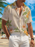 New Men's Casual Short-Sleeve Shirt, Warm Orange Hibiscus Flower with Light Base and Subtle Floral Leaf Shadow, Versatile Casual Top for Holiday Parties and Commuting, Polyester Fiber Fabric, Machine Washable, Button- Printed Shirt