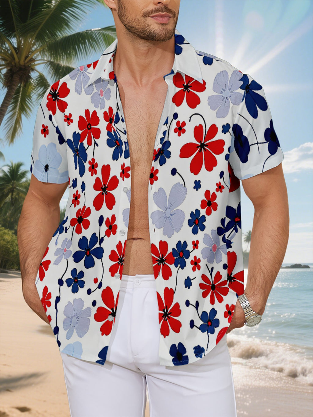New Men's Casual Short-Sleeve Shirt with Red, Blue, and Gray Floral Scattered Accents on a White Background, Versatile for Holiday Parties and Commuting, Polyester Fabric, Machine Washable, Button- Printed Shirt