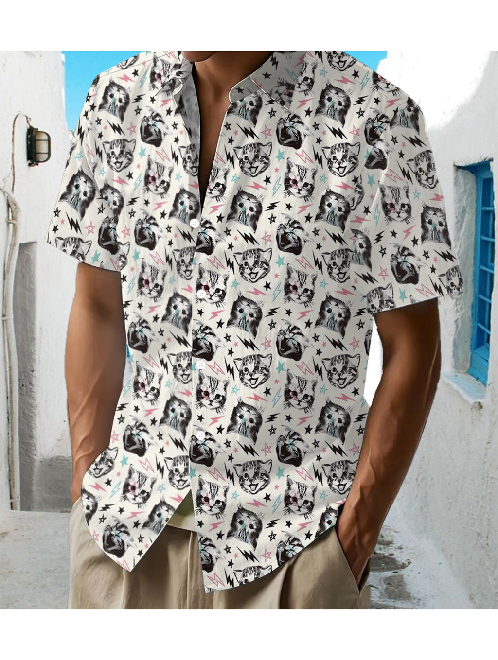 Hawaiian Anime Cat Print Men'S Casual Shirt - Short-Sleeve Button Design, Suitable for Outdoor And Casual Wear in Summer, Perfect for Everyday Outfits