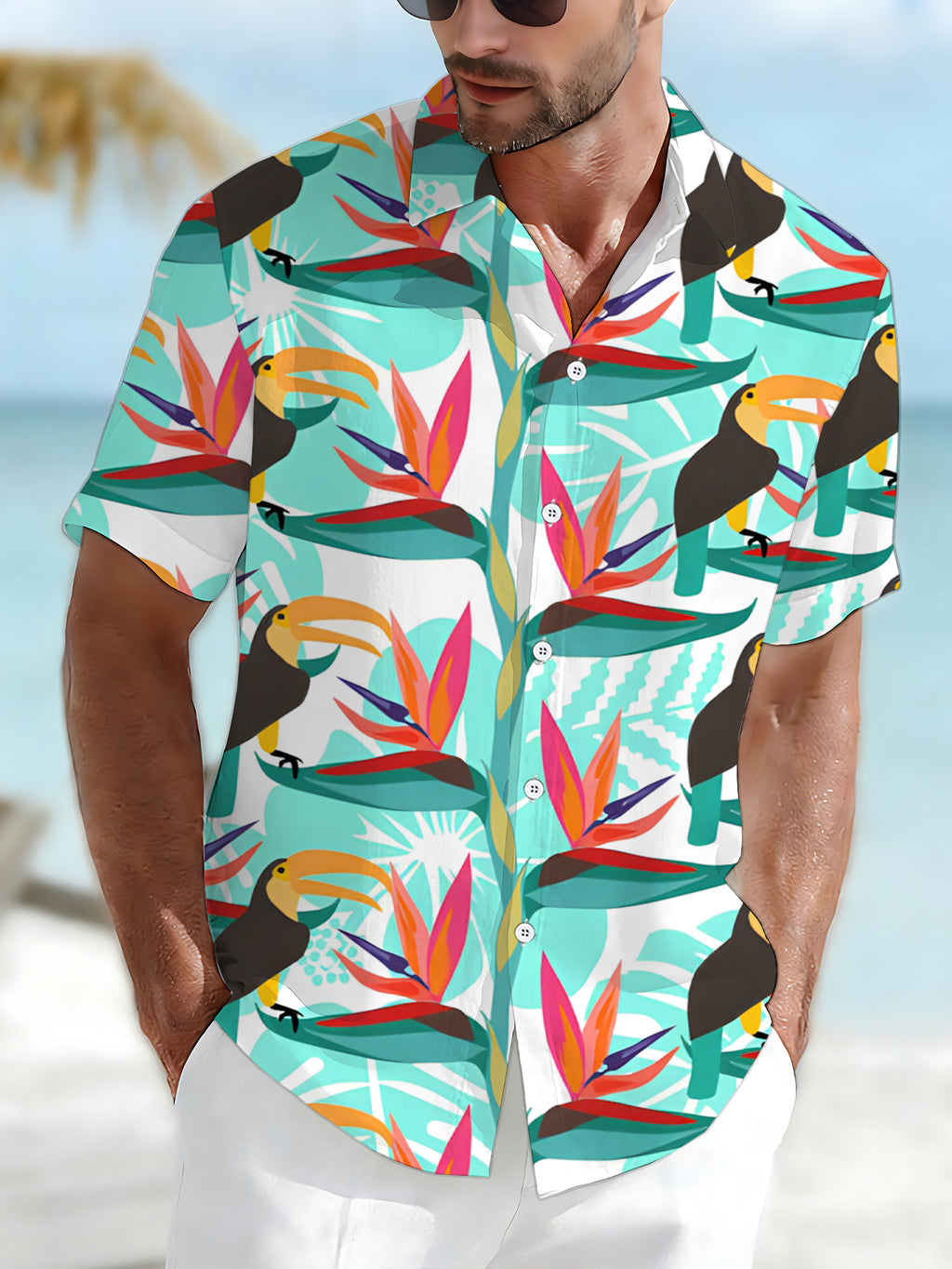 [Printed Design - Not Texture] Casual Shirt Men'S Label Short Sleeve Shirt Toucan Tropical Plant Pattern Fashionable Atmospheric Dopamine Party Top Summer/Clothing/Trendy/Clothes/Street/Men
