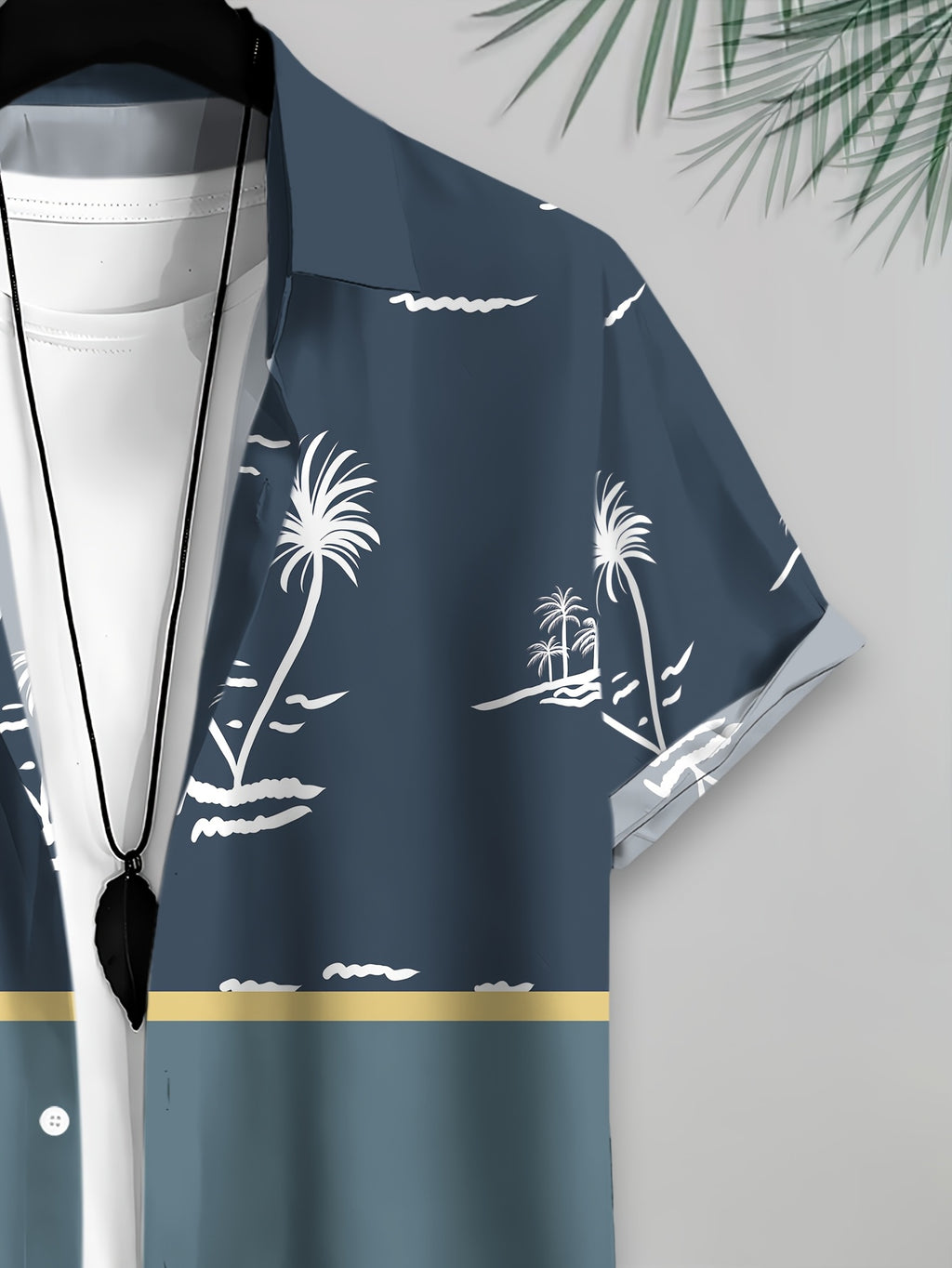 Casual Style Men'S Casual Shirt Print Navy Blue Tropical Island Scene Summer Palm Trees And Ocean Waves