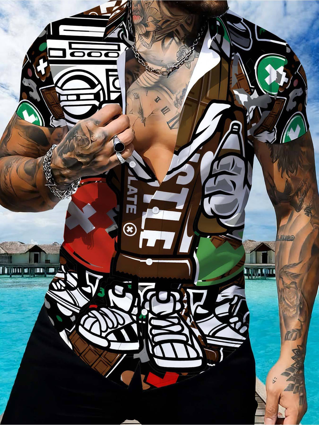 Men'S Street Style Shirt, Chocolate-Themed with Speaker Graffiti Print, Summer Fashion Top