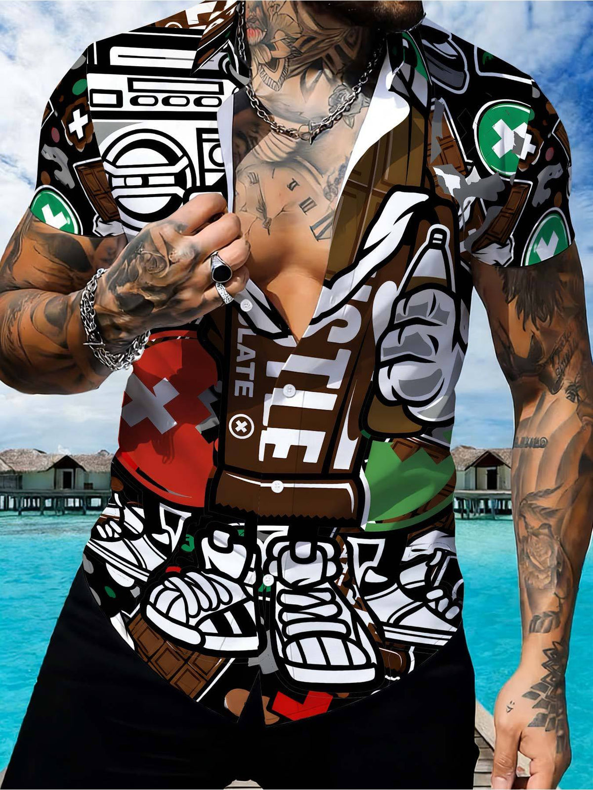 Men'S Street Style Shirt, Chocolate-Themed with Speaker Graffiti Print, Summer Fashion Top