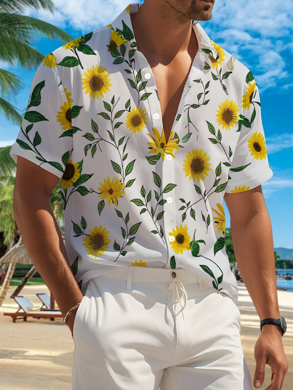 New Men's Casual Short-Sleeve Shirt with Bright Yellow Sunflowers and Green Branches/Leaves Print on White Background. Versatile for Holiday Parties and Commuting. Made of Polyester Fiber, Machine Washable. Lightweight for Summer. Suitable for Casual