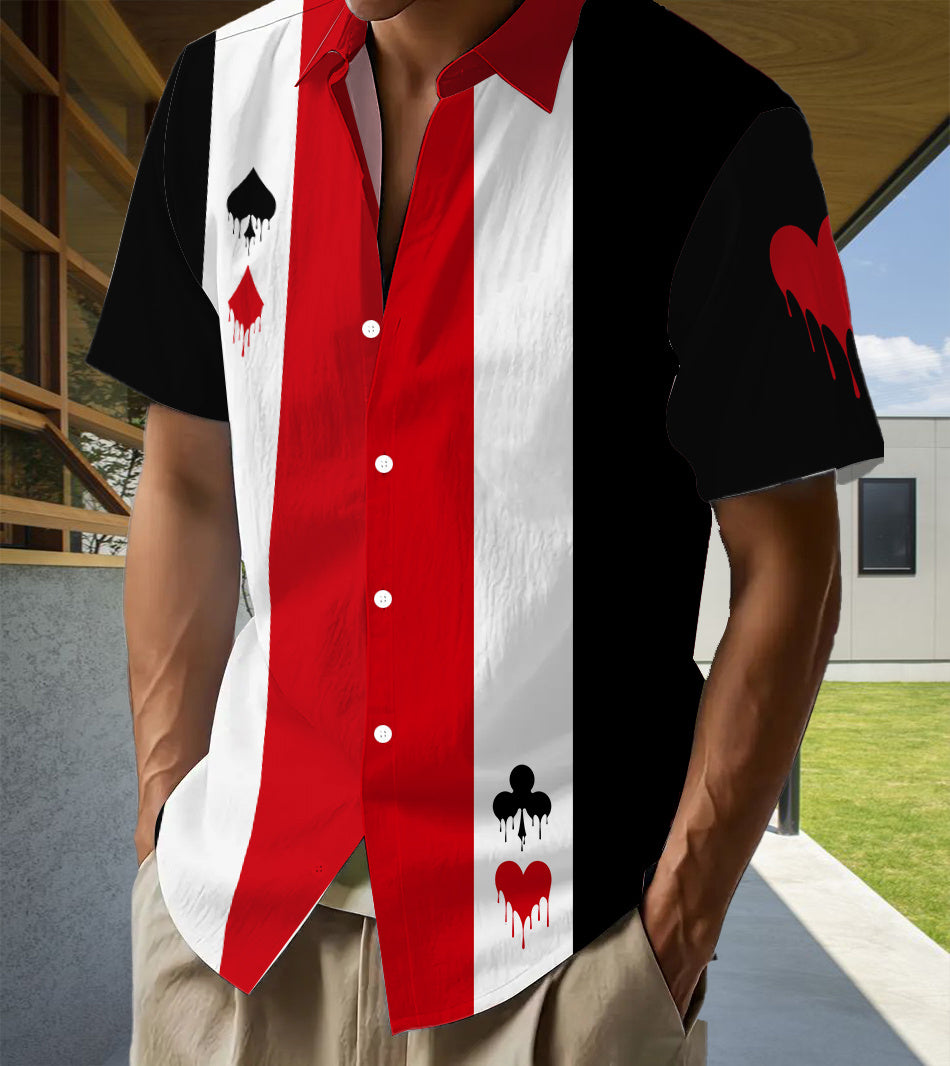 Men's Casual Anime Shirt with Hawaiian-Style Playing Card Cartoon Print, Regular Fit with Lapel Collar, Outdoor Travel Apparel