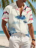 Floral And Landscape Print Men'S Casual Shirt, Cherry Blossom And Mountain Scene Beach Vacation Summer Wear