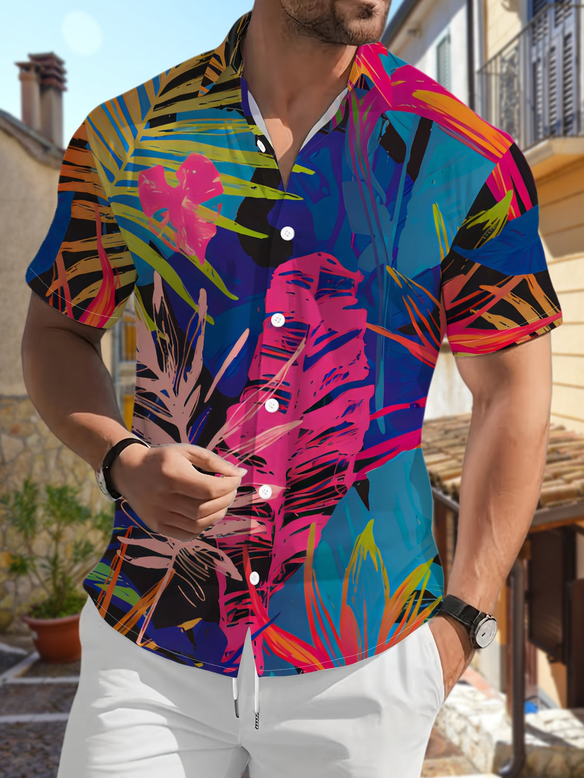New Men'S Casual Short Sleeve Shirt, Vibrant Tropical Foliage Design, Rich Interwoven Colors, Festive Gatherings And Commute Versatile, Polyester Fabric Machine Washable, Button-Up Print Shirt