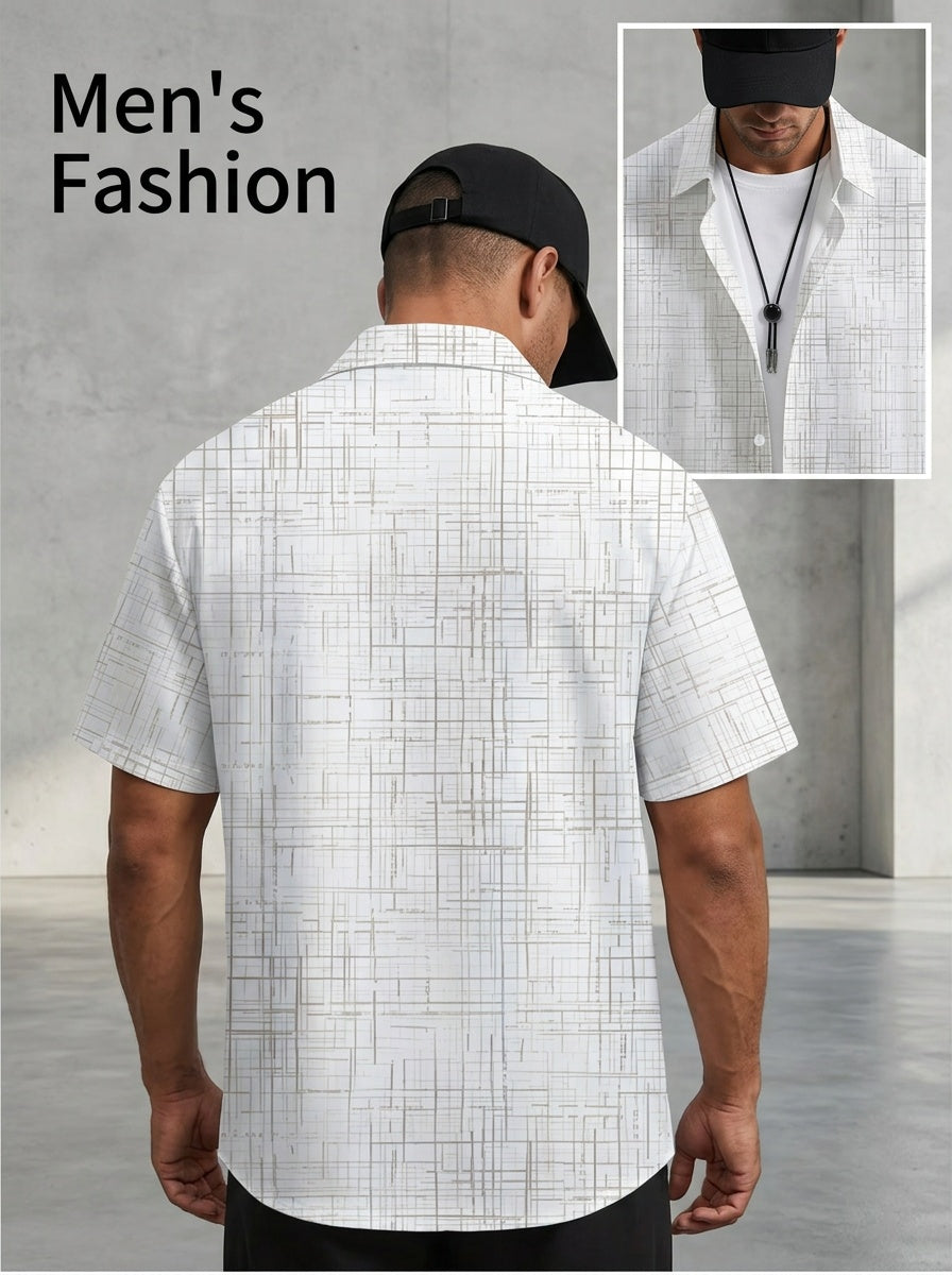 Men's Short-sleeve Shirt with Light Brown Crisscrossed Line Pattern Print. Featuring an Base with an Irregular Plaid Design Composed of Light Brown Intersecting Lines, This Shirt Has a Loose Fit with a Single-breasted Button Placket