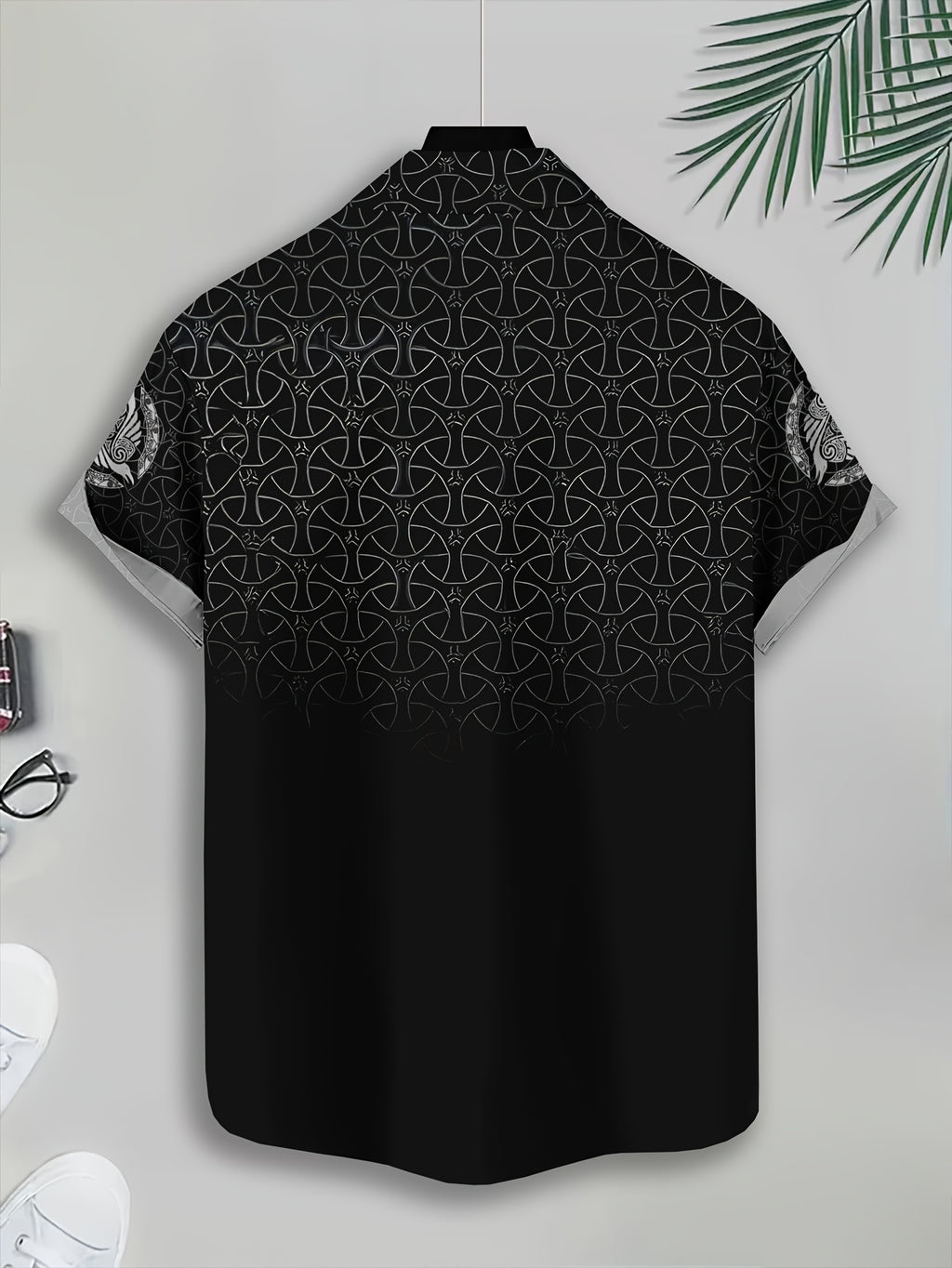 Viking Style Men'S Casual Shirt, Print Black Norse Mythology And Rune Design Summer Detailed Raven And Knotwork Pattern