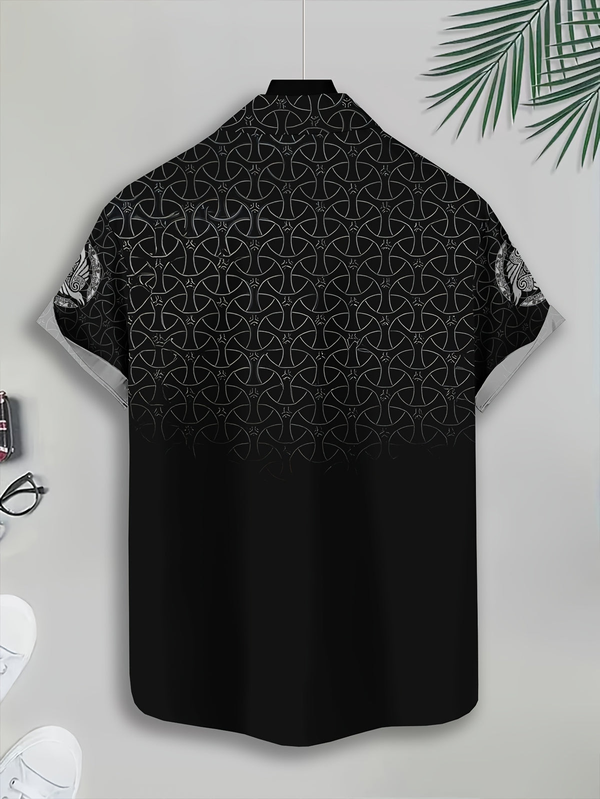 Viking Style Men'S Casual Shirt, Print Black Norse Mythology And Rune Design Summer Detailed Raven And Knotwork Pattern
