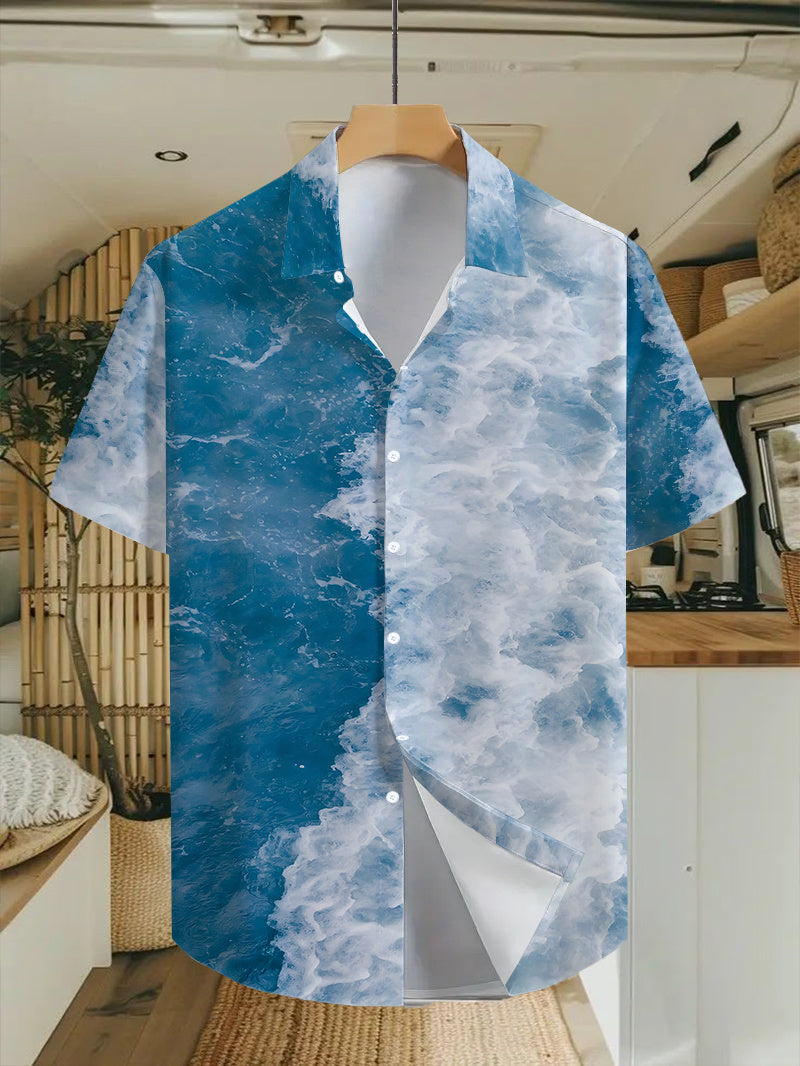 Hawaiian Wave Print Men'S Casual Shirt - Short Sleeve Button- Design, Vibrant Colors, Summer Season Outdoor And Casual Wear, Machine Washable
