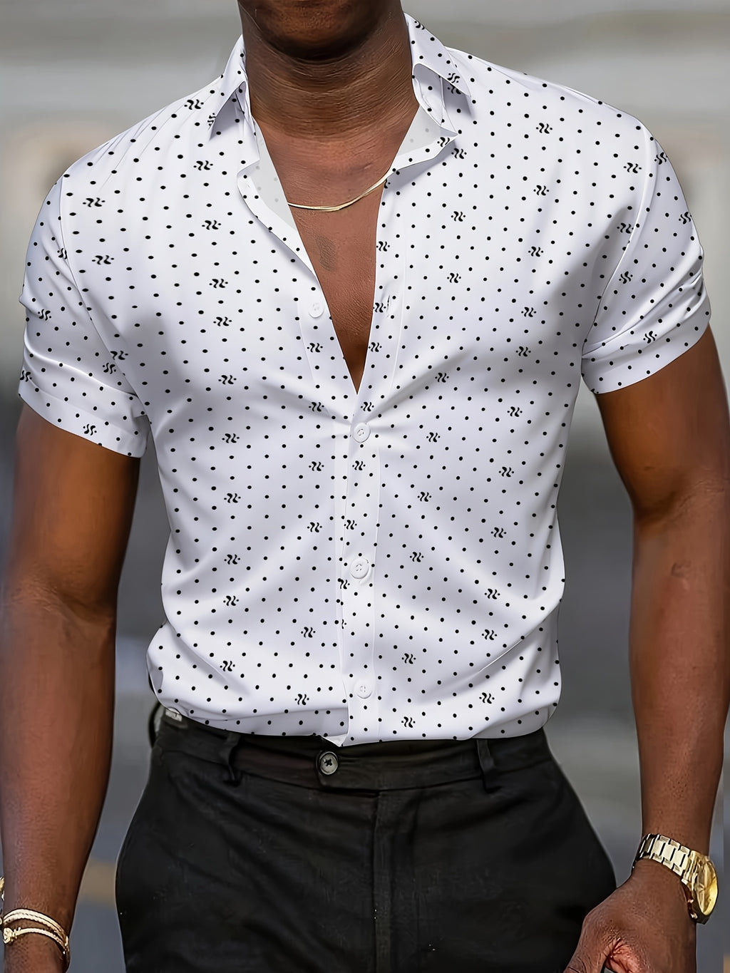 Men'S Classic Loose-Fitting And Comfortable Lapel Business Casual Button-Up Top, Men'S White Background Black Polka Dot And Symbol Print Short-Sleeved Shirt, Based on White, with Black Polka Dots And Easy Symbol Patterns As The Core Design