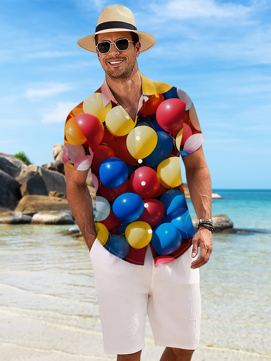 New Men's Casual Short-Sleeve Shirt with a Vibrant Cluster of Balloons, Full of Lively Atmosphere, Versatile for Holiday Parties and Commuting, Machine-Washable Polyester Fiber Fabric, Button-Up Printed Shirt