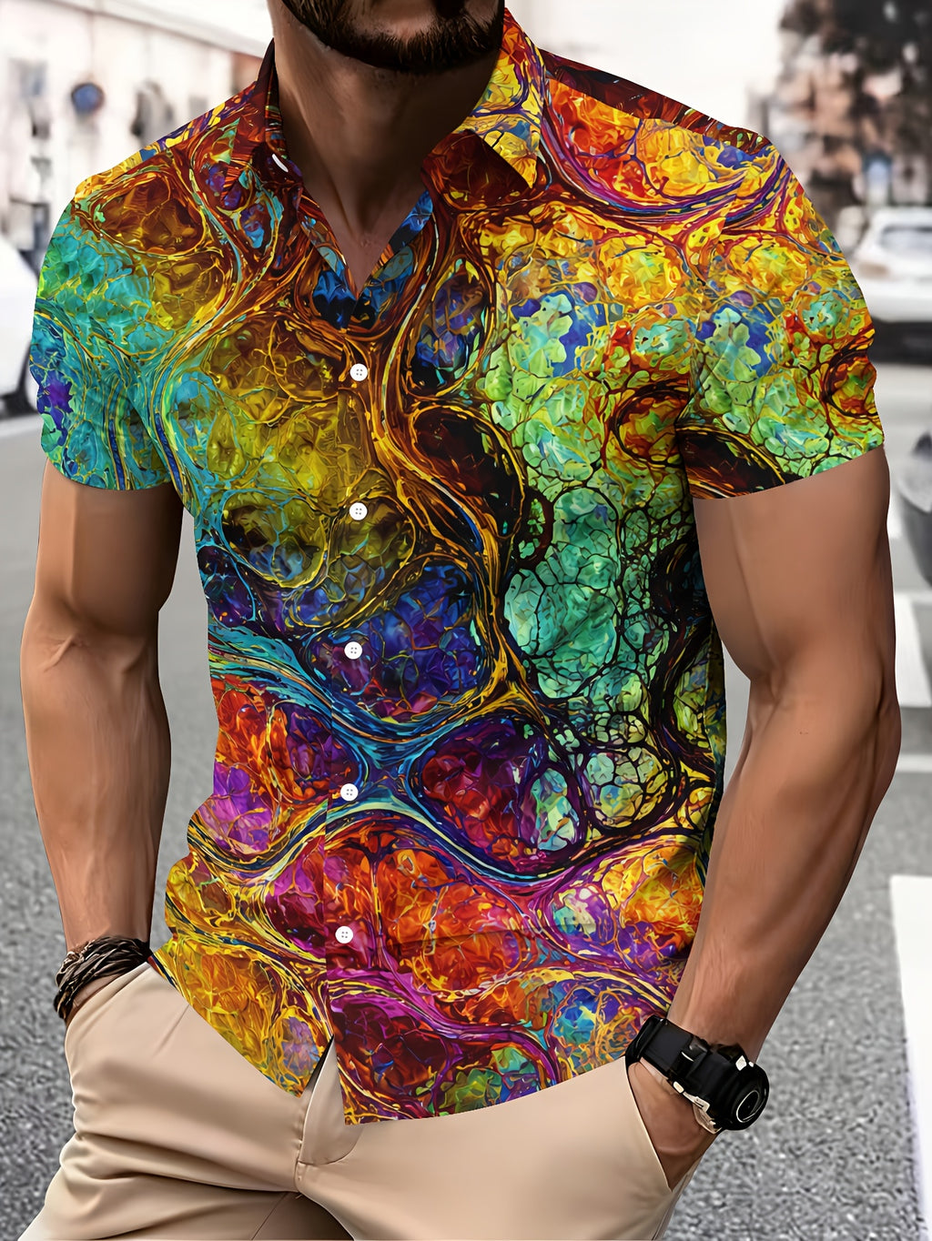 Colorful Abstract Art Men'S Casual Shirt, Vibrant Swirls And Patterns Print, Summer Bold Multicolor Design