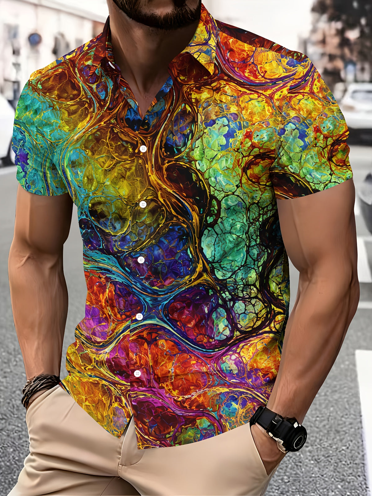 Colorful Abstract Art Men'S Casual Shirt, Vibrant Swirls And Patterns Print, Summer Bold Multicolor Design