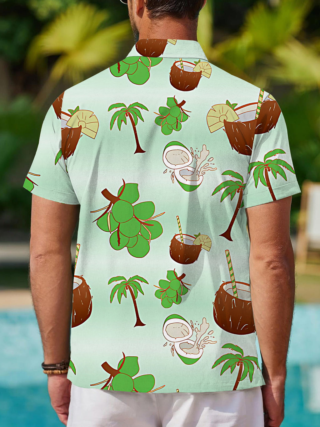 Men's Casual Digital Print Regular Fit Short Sleeve Shirt, Coconut Palm Tree Cartoon Style in Light Green, Stylish and Elegant Dopamine Party Top, Men's/Printed/Summer/Clothes/Apparel/Trendy/Streetwear