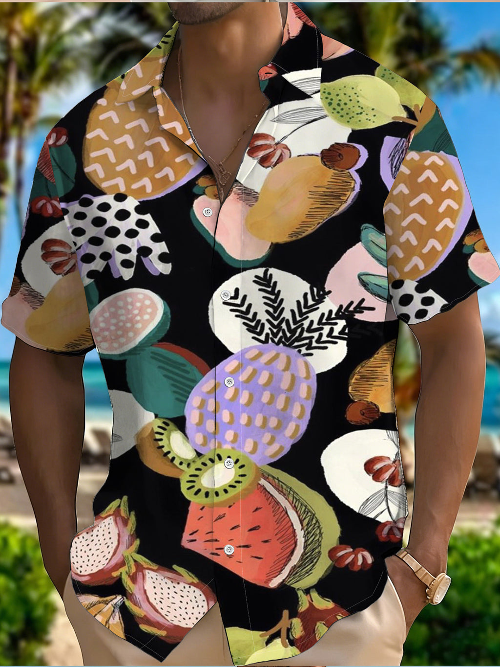 Men's Hawaiian Shirt Short-Sleeve Button-Up Beach Shirt with Collar & Flip-Front Button Closure - Tropical Palm Fruit Print Button Details, Loose Fit Hawaiian Button-Up Suitable for Summer Vacations, Beach Parties, Casual Streetwear