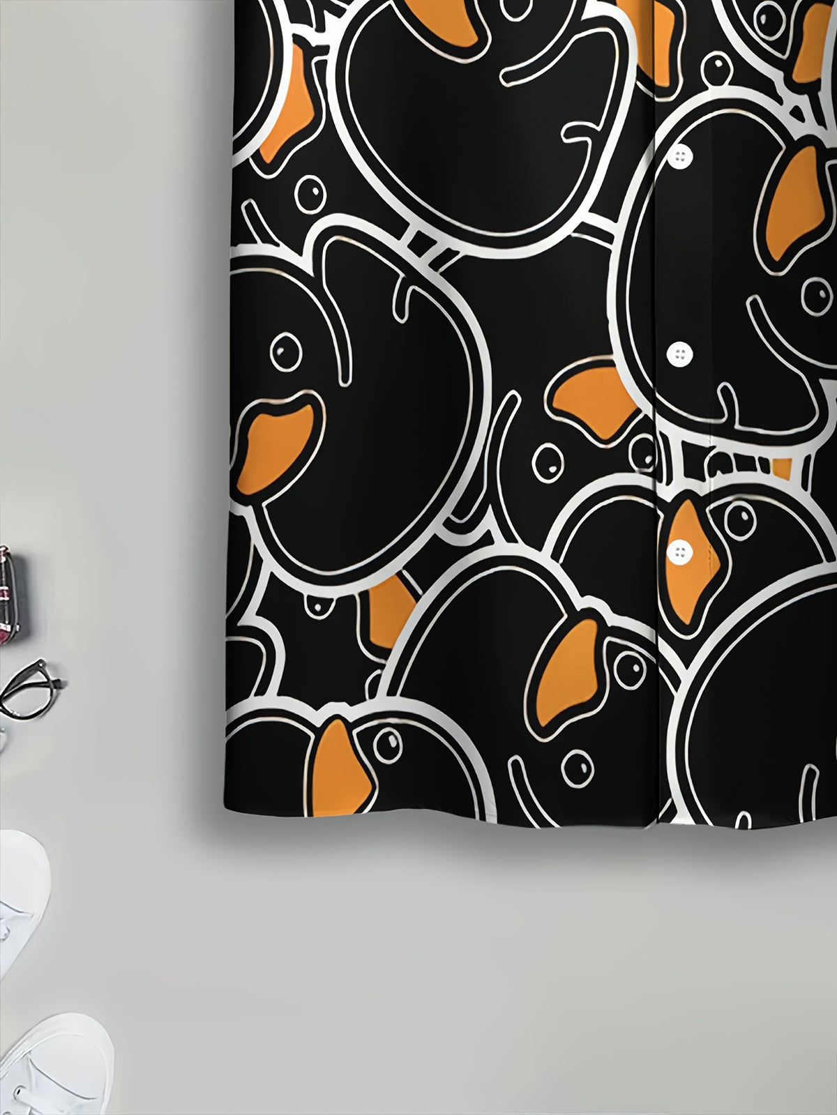 Men's Casual Shirt with Cartoon Duck Print, Summer Fun Pattern on Black Background with Orange Beak