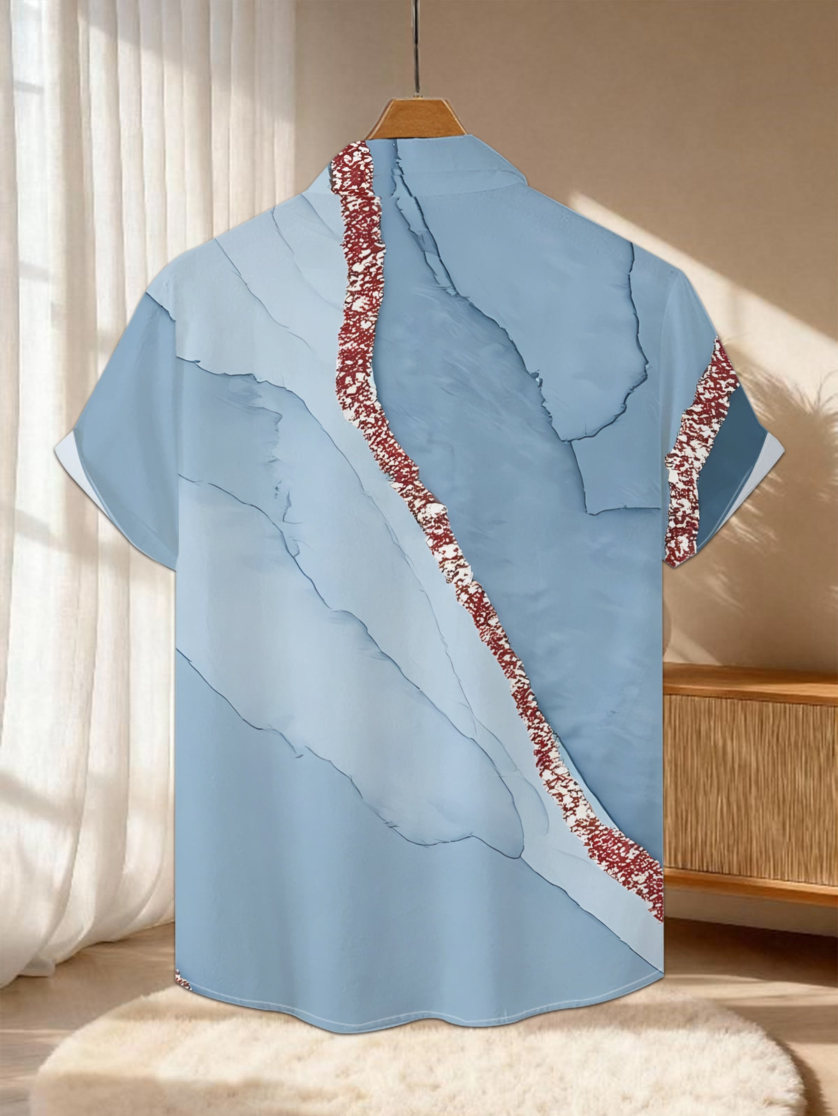 New Men's Casual Short-Sleeve Shirt, Ice Rift Valley Red and White Spotted Pattern, Versatile for Holiday Parties and Commuting, Polyester Fabric, Machine Washable, Button-Up Printed Shirt