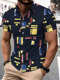 Men's Casual Shirt with Geometric Pattern, Abstract Shapes, and Vibrant Summer Colors