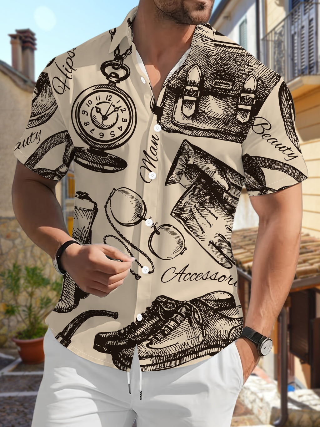 New Men's Casual Short-Sleeve Shirt, Vintage Men's Accessory with Hand-Painted Design, Exuding Gentlemanly Style, Versatile for Holiday Parties and Commuting, Polyester Fiber Fabric, Machine Washable, Button-Up Printed Shirt