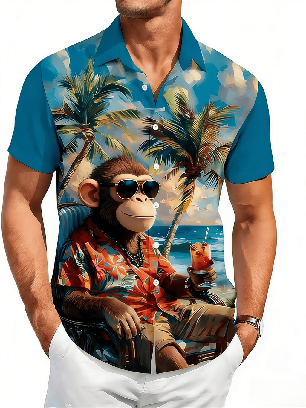 Men's Monkey & Palm Tree Print Button- Shirt - Short Sleeve Collared Button-Up Suitable for Beach Vacations, Casual Wear, Dates, Gift - Machine Washable Summer Shirt with Flip Collar, Non-Stretch Fabric