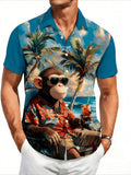 Men's Monkey & Palm Tree Print Button- Shirt - Short Sleeve Collared Button-Up Suitable for Beach Vacations, Casual Wear, Dates, Gift - Machine Washable Summer Shirt with Flip Collar, Non-Stretch Fabric