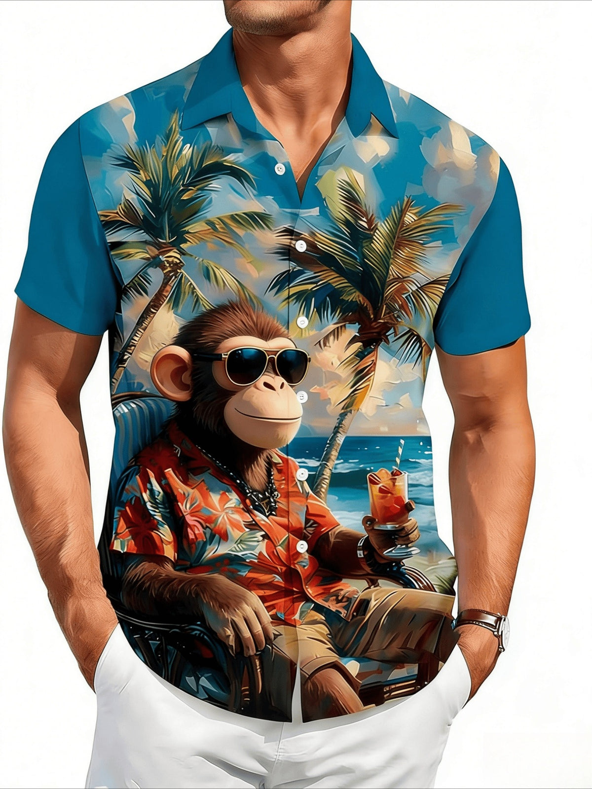 Men's Monkey & Palm Tree Print Button- Shirt - Short Sleeve Collared Button-Up Suitable for Beach Vacations, Casual Wear, Dates, Gift - Machine Washable Summer Shirt with Flip Collar, Non-Stretch Fabric