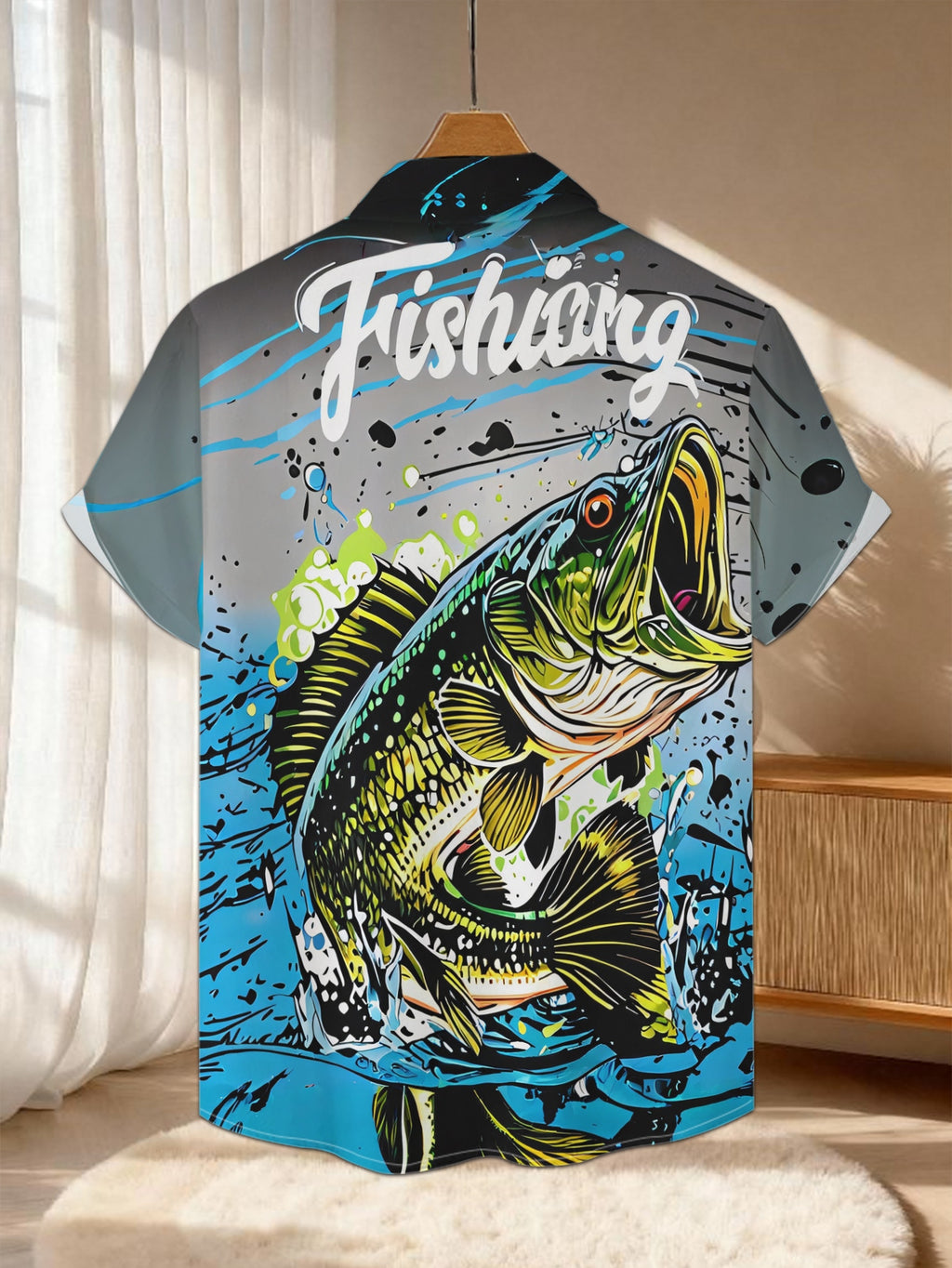 New Men's Casual Short-Sleeve Shirt with Bass Fish Breaking Through the Water Print, Showcasing the Fun of Fishing. Versatile for Holiday Gatherings and Commuting. Made of Polyester Fiber, Machine Washable. Button-Up Printed Shirt