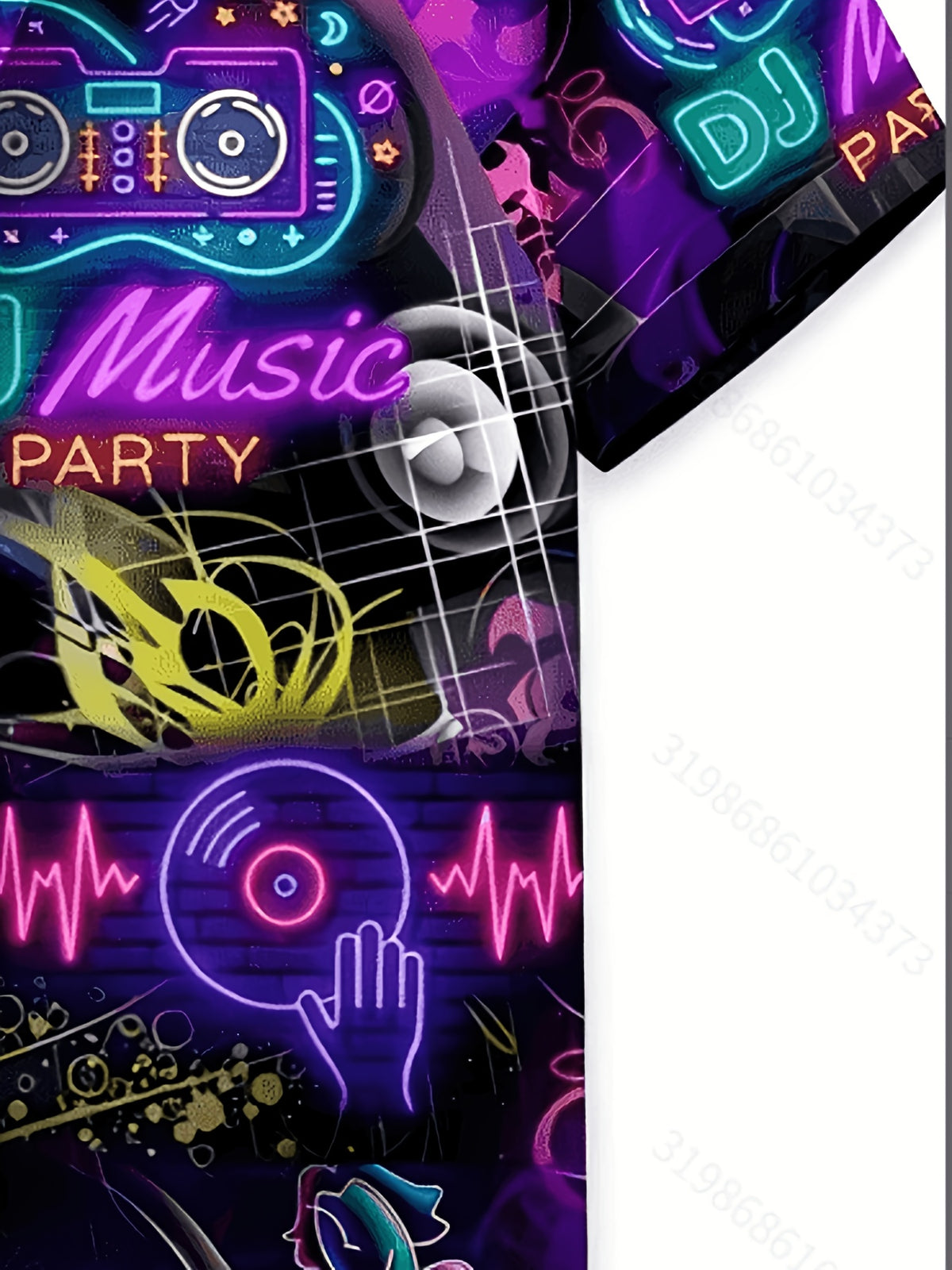 New Tropical Party Neon Pattern T-Shirt - Short Sleeve, J Neon Music Party Enhances Life, Men's Casual Hawaiian Shirt, Daily Wear | Tropical Music Design | Material