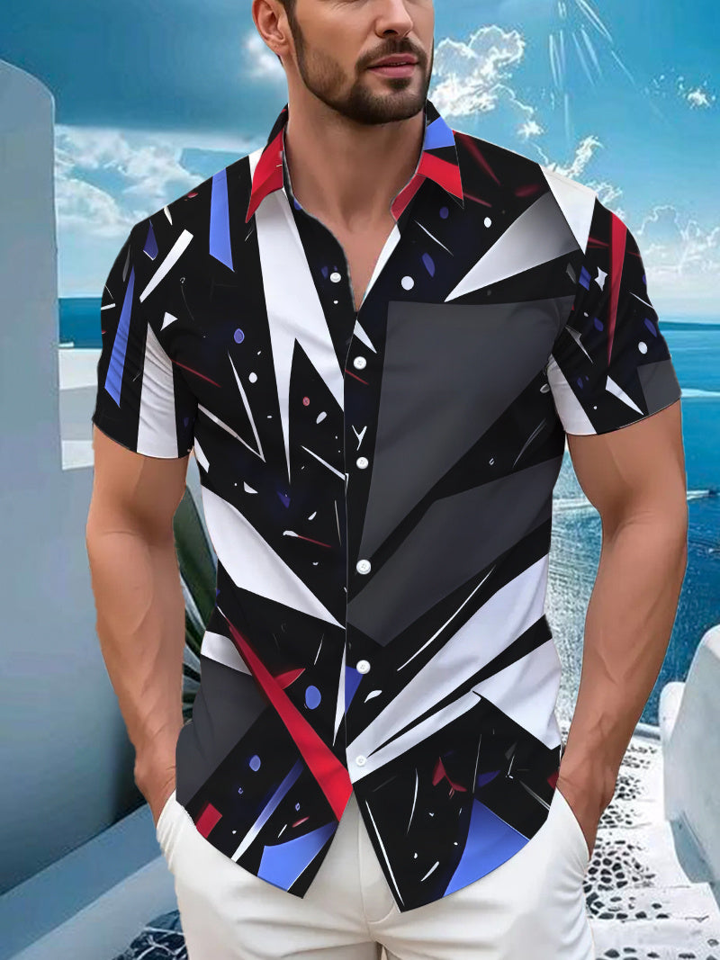 Fashionable Anime Geometric Patterned Print Shirt, Trendy Tropical Hawaiian Short-Sleeve Shirt, Casual Button-Up Men'S Shirt, Lightweight for Summer Adventures