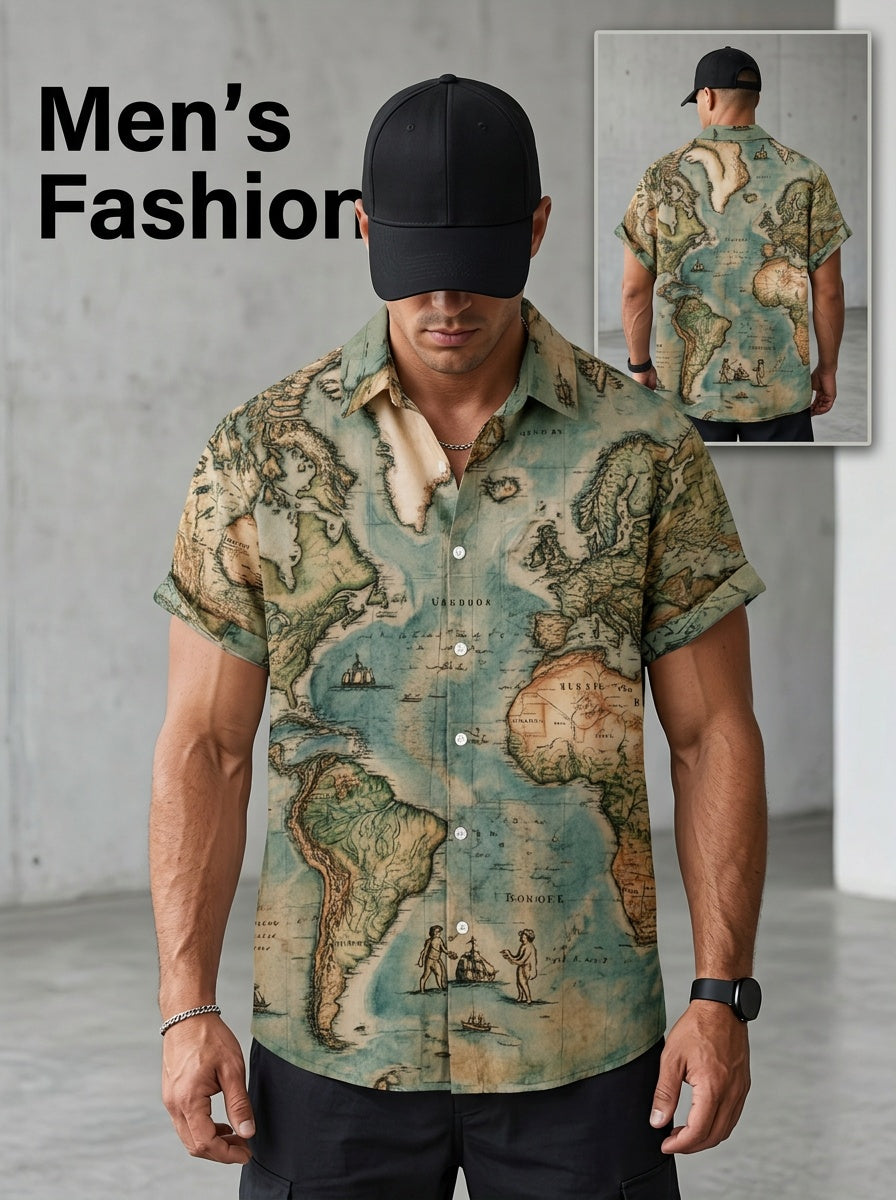 Men's Vintage World Map Travel Style Shirt, Military Green Base + Vintage World Map, Strong Travel Vibe, Simple Texture, Suitable for Travel Enthusiasts and Summer Daily Wear - [Printed Design - Not Texture]