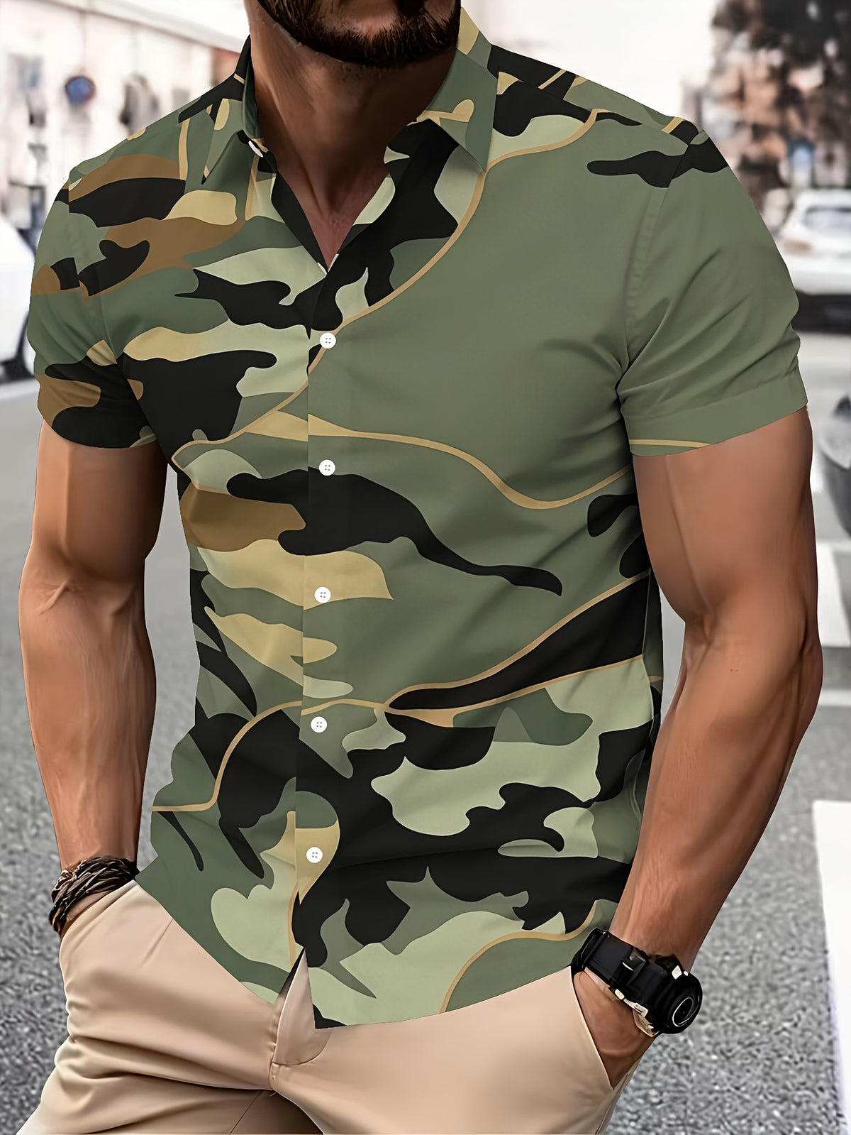 Camouflage Pattern Men's Casual Shirt Print Military Style Summer Bold Camo Design