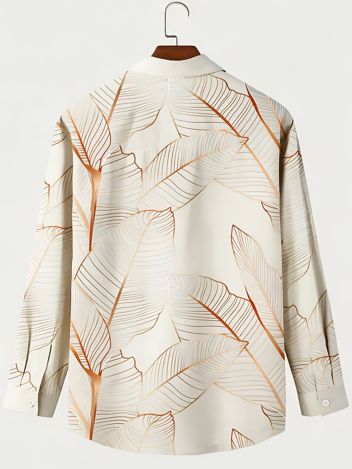Hawaiian Botanical Leaf Gradient Print Men's Plus Size Button-Up Pocket Long Sleeve Shirt, PLUS SIZE