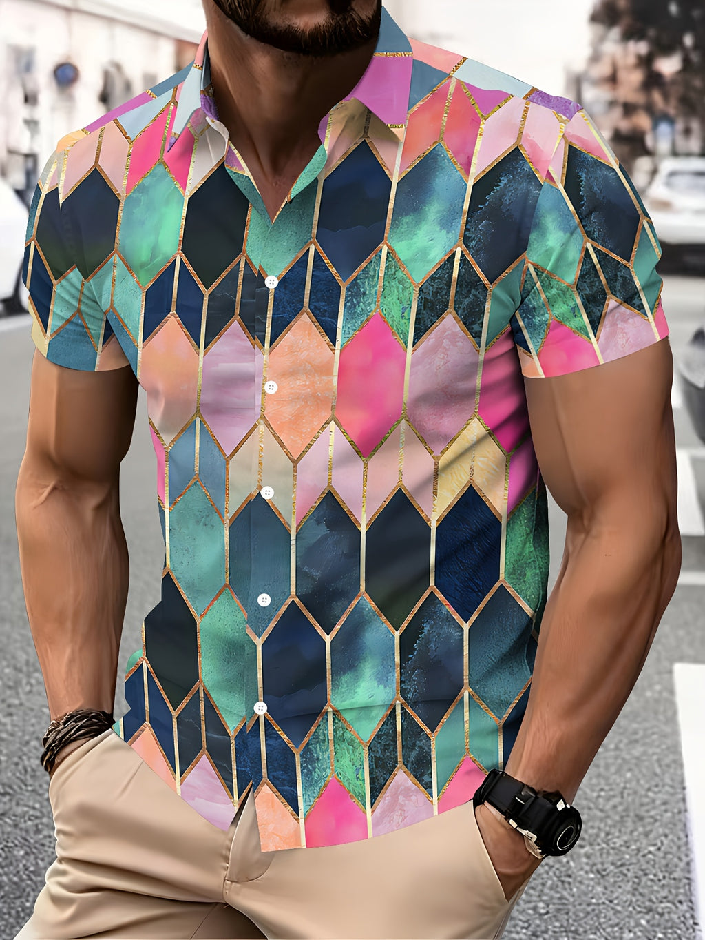 Geometric Pattern Men's Casual Shirt Print Multicolor Diamond Design Summer Vibrant Colors And Golden Accents