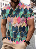 Geometric Pattern Men's Casual Shirt Print Multicolor Diamond Design Summer Vibrant Colors And Golden Accents