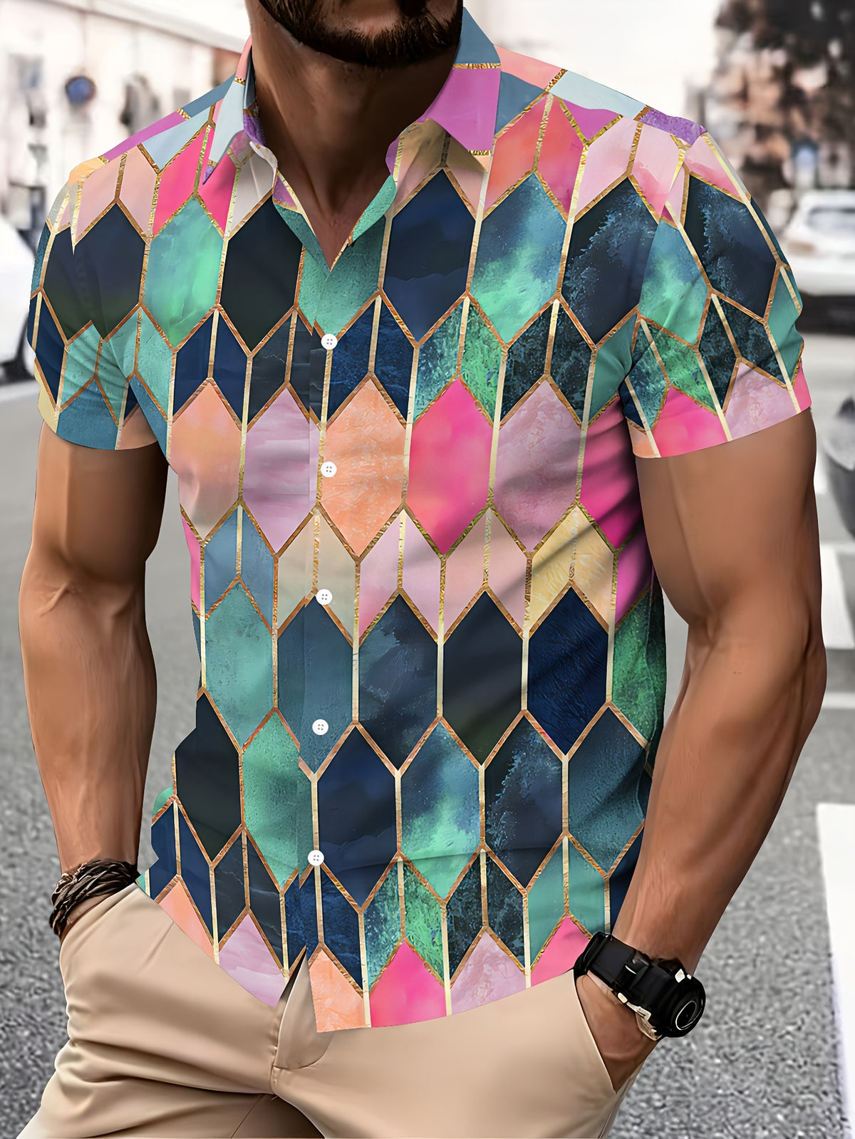 Geometric Pattern Men's Casual Shirt Print Multicolor Diamond Design Summer Vibrant Colors And Golden Accents