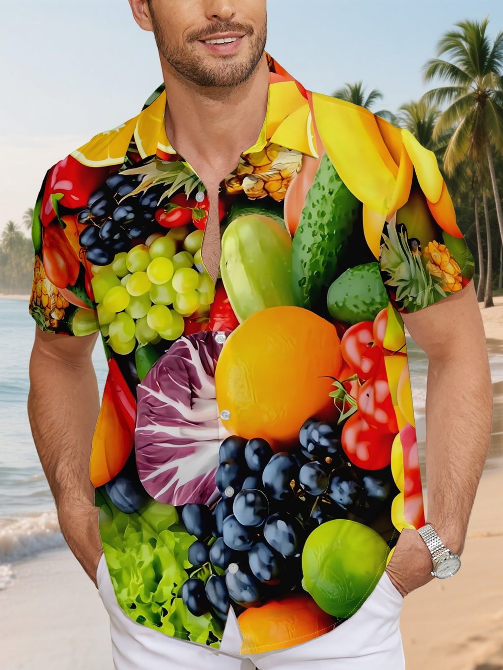 New Men'S Casual Short Sleeve Shirt, Fruit Pattern Print Top, Comfortable And Versatile Fashion Youth Trend Summer, Suitable for Summer Vacation And Daily Street Style Beach Party Shirt, Loose Comfortable Beach Shirt, Hawaiian Shirt Fashion Buttons