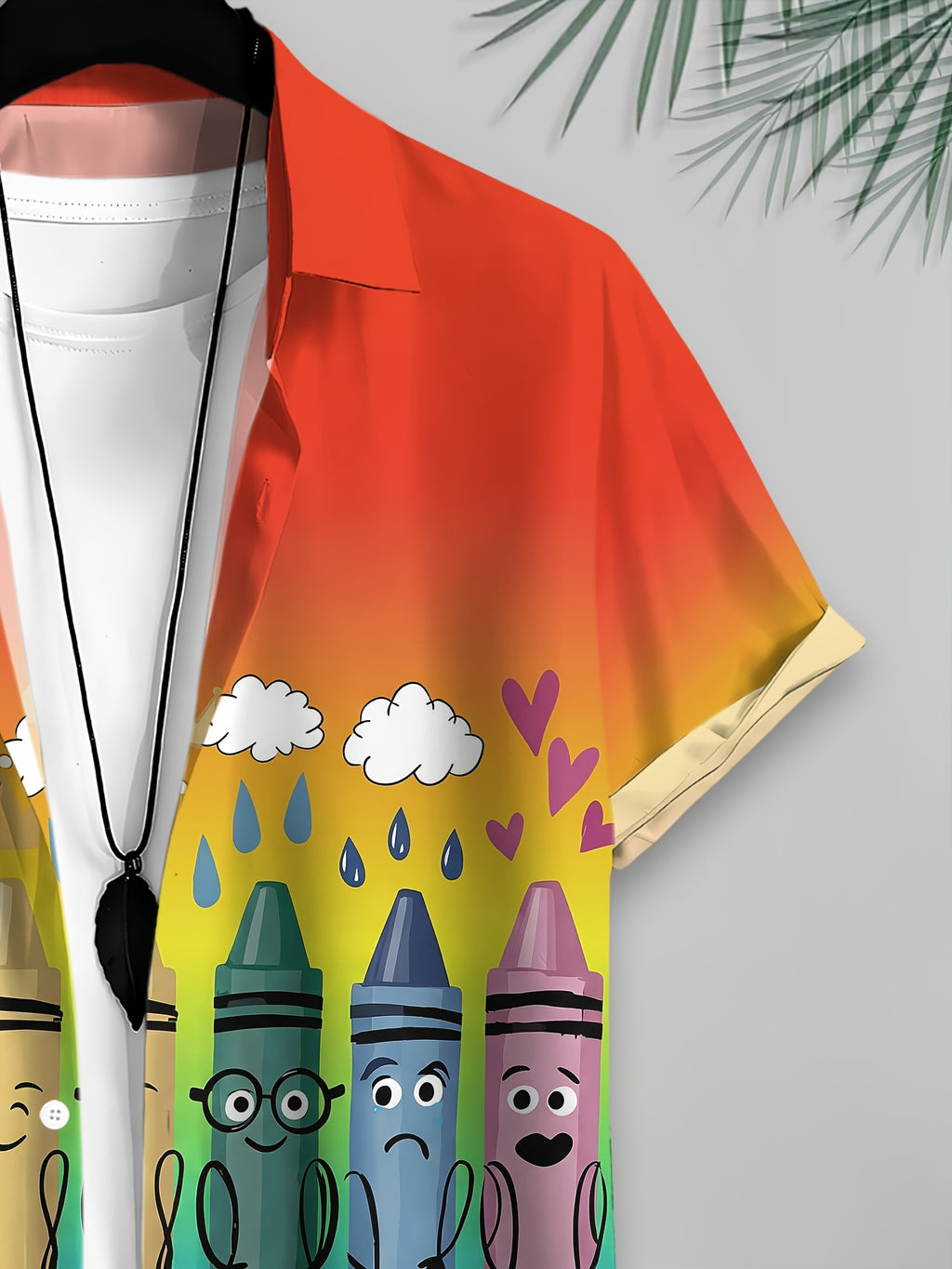 Cartoon Style Men's Casual Shirt with Printed Rainbow Crayon Character Pattern, Summer Fun Expression Design, Fashionable Casual Short-Sleeve Shirt