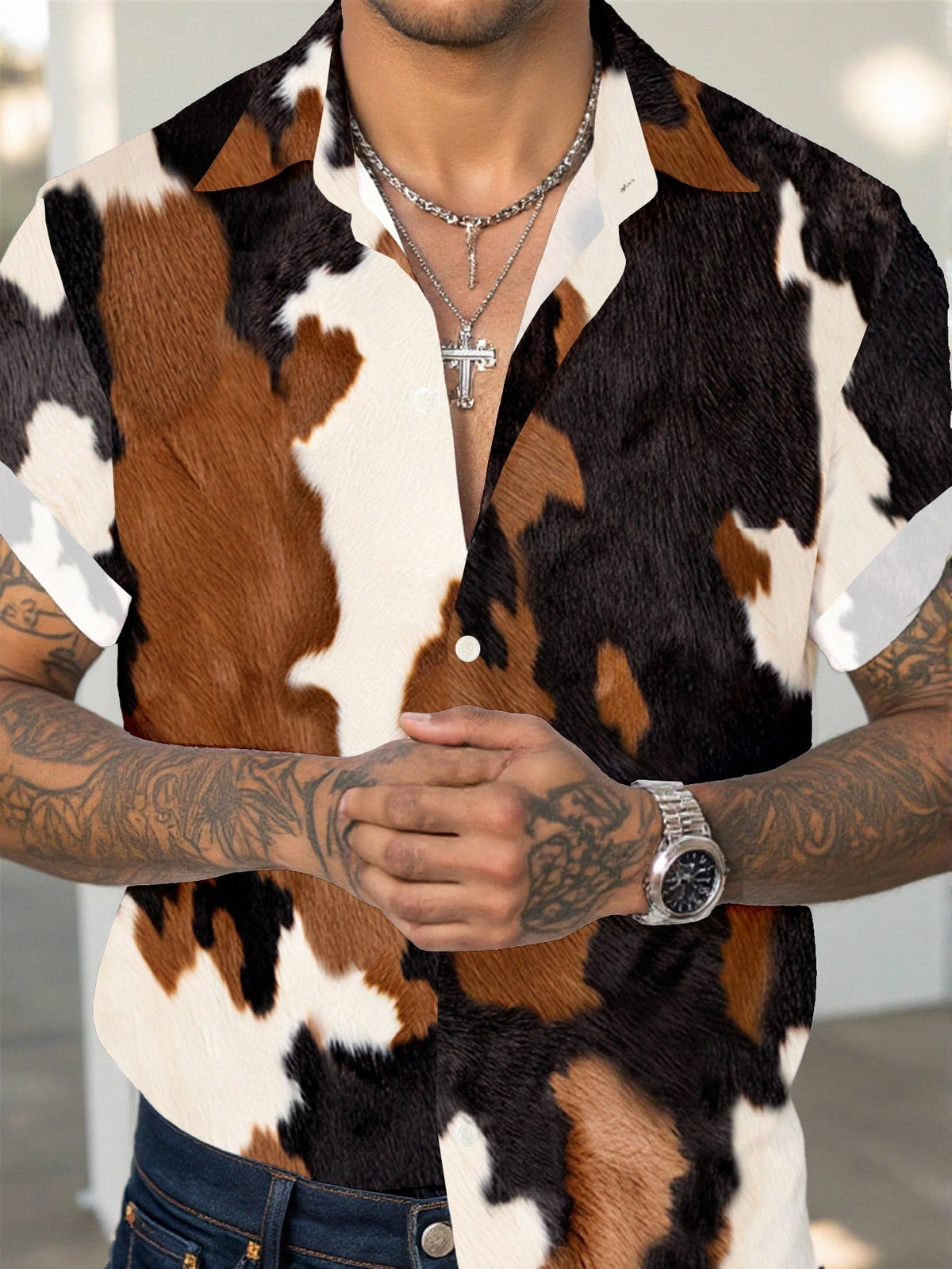 2026 New LEGN Wild West Cowboy Faux Cowhide Fashion Casual Men'S Shirt Ideal Gift