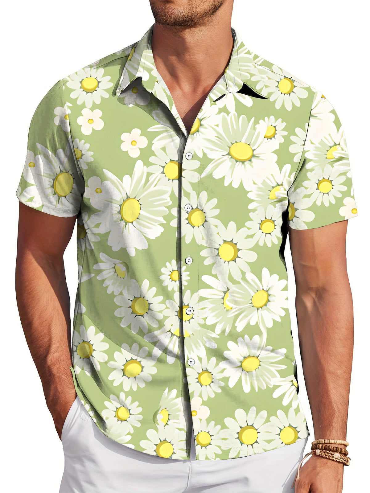 Men'S Casual Floral Short-Sleeve Button- Shirt - Light Green with White Daisy Print