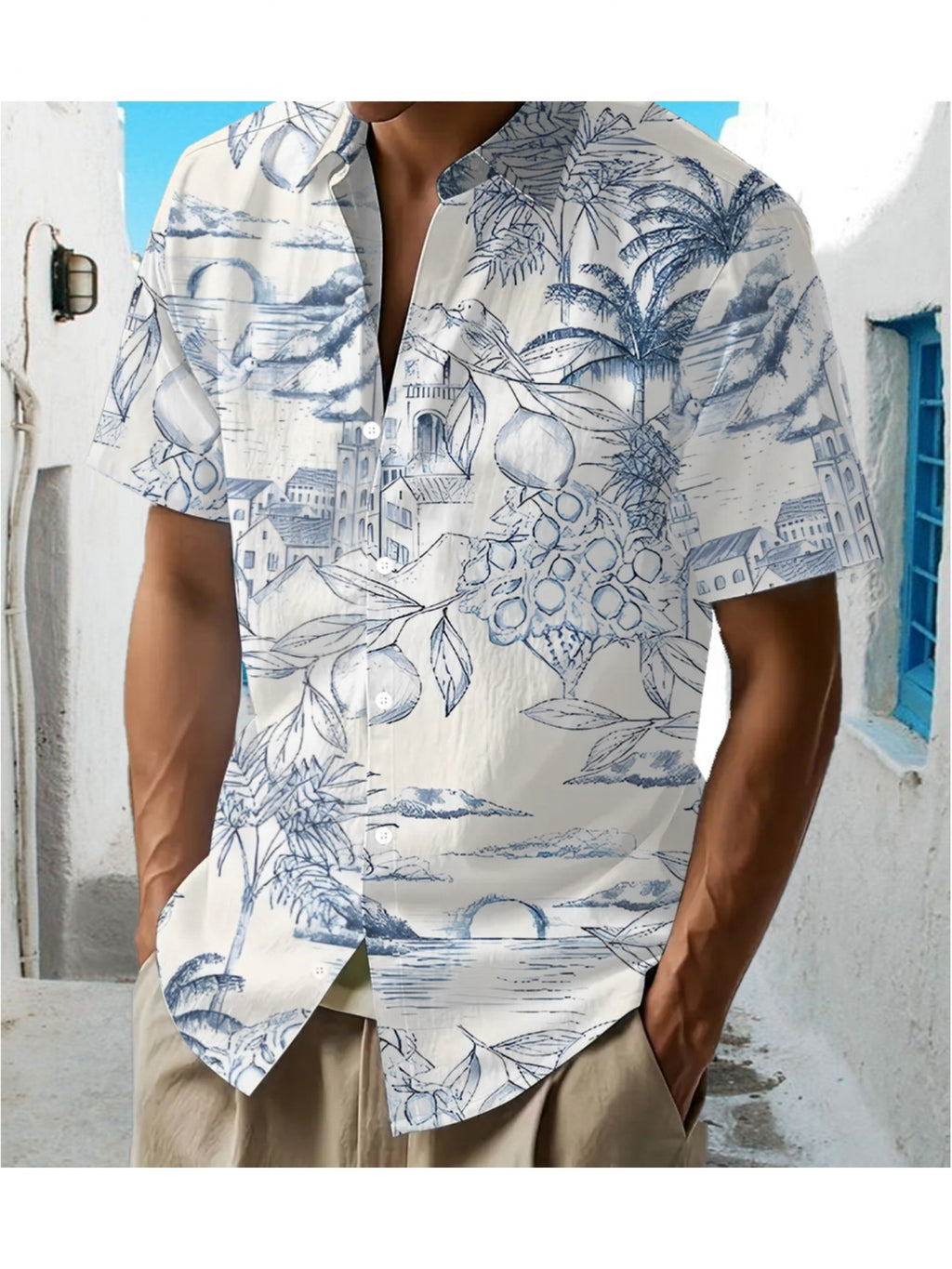 New Men'S Casual Blue Print Shirt, Regular Fit with Collar, Button-Front Closure, Suitable for Holidays And Outdoor Outings, Ideal for Daily Commute, Casual Outings, Dates, Friend Gatherings, And Shopping
