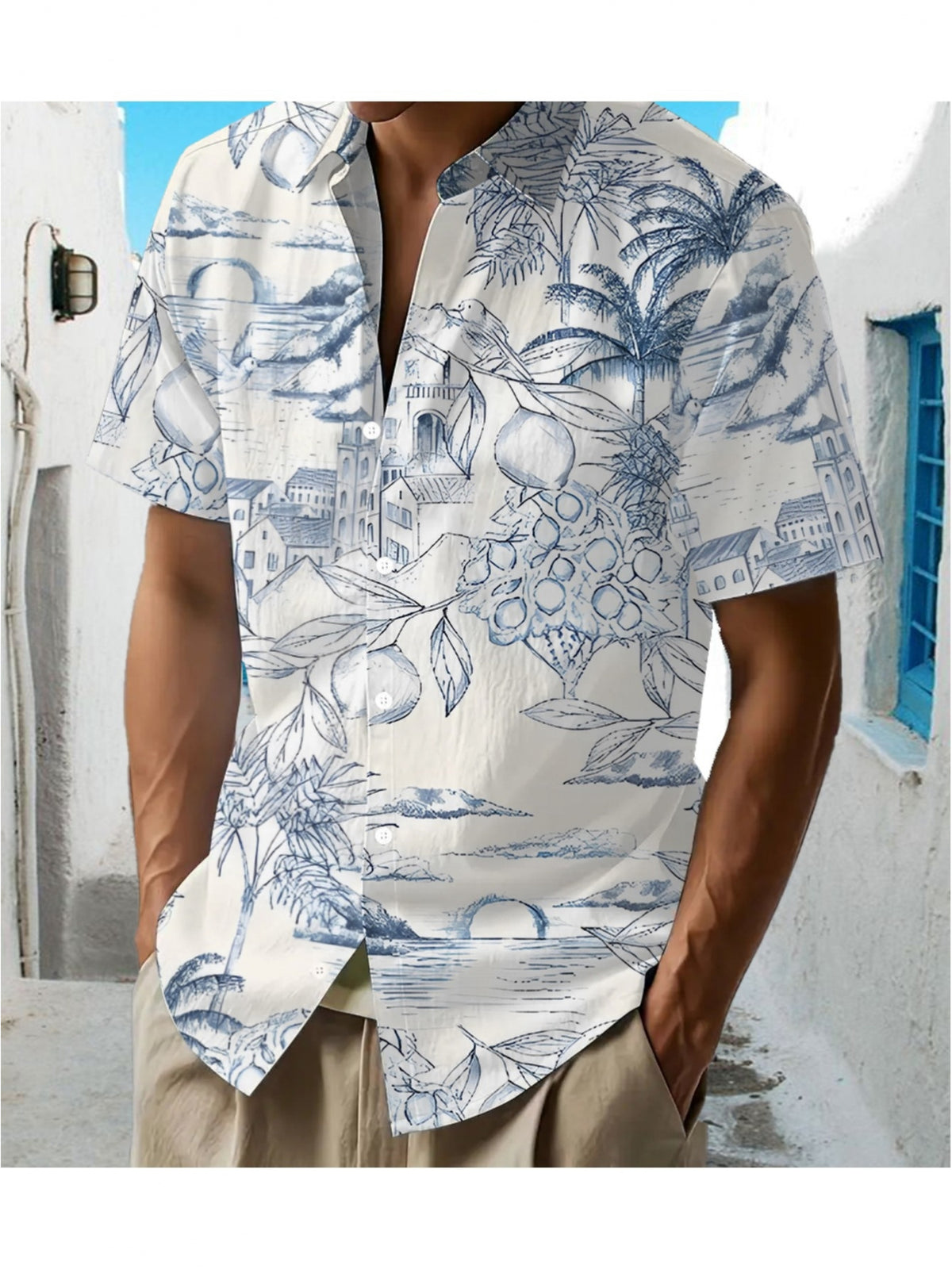 New Men'S Casual Blue Print Shirt, Regular Fit with Collar, Button-Front Closure, Suitable for Holidays And Outdoor Outings, Ideal for Daily Commute, Casual Outings, Dates, Friend Gatherings, And Shopping