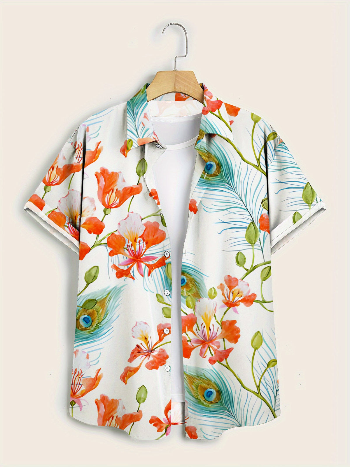 Men's Short-Sleeve Shirt - Vibrant Peacock Floral Print, Lightweight and Breathable Fabric, Classic Pointed Collar, Regular Fit Summer Casual Semi-Formal Shirt, Versatile Styling, Bold Pattern Design, Fashionable Trendy Style