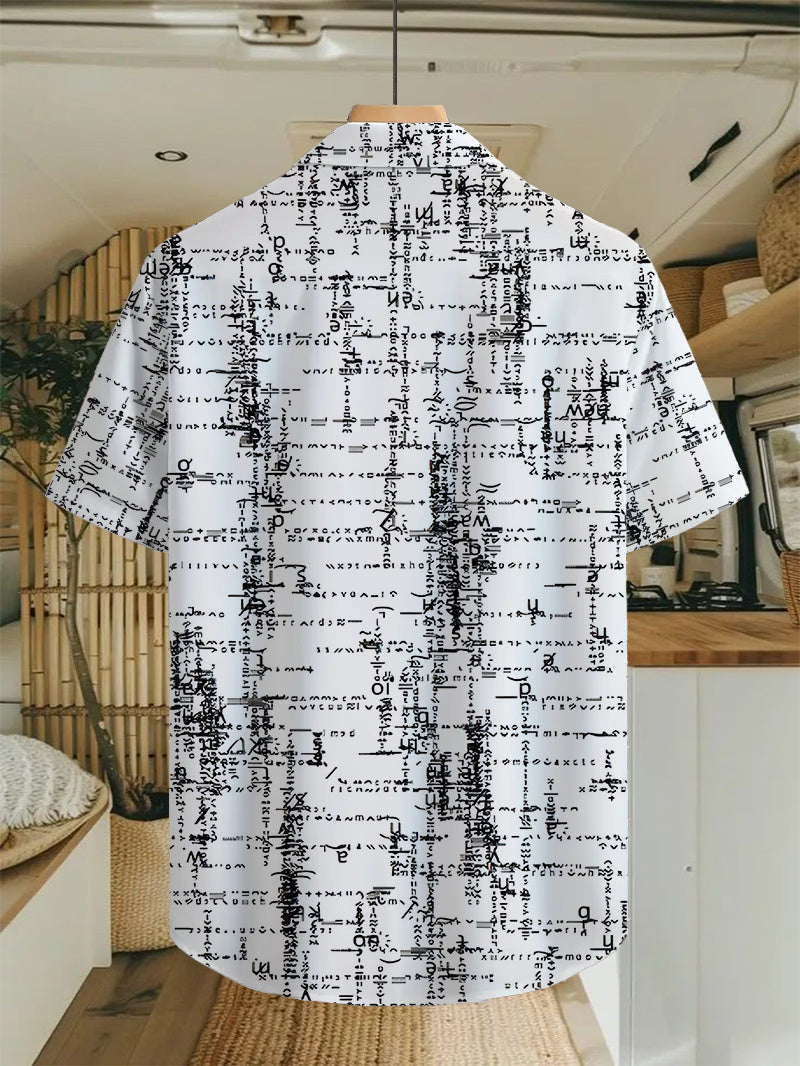 Hawaiian Black And White Patterned Print Men'S Casual Shirt - Short Sleeve Button Design, Vibrant Colors, Suitable for Outdoor And Casual Wear in Summer, Machine Washable