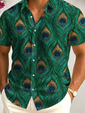 Peacock Feather Men'S Shirt, Retro Bohemian Style Short Sleeve, Covered with Peacock Tail Feathers And "Eye-Shaped Spots" Pattern, Rich Colors with Tropical Vibe, Perfect for Vacation And Casual Wear, Showcasing Unique Fashion Sense