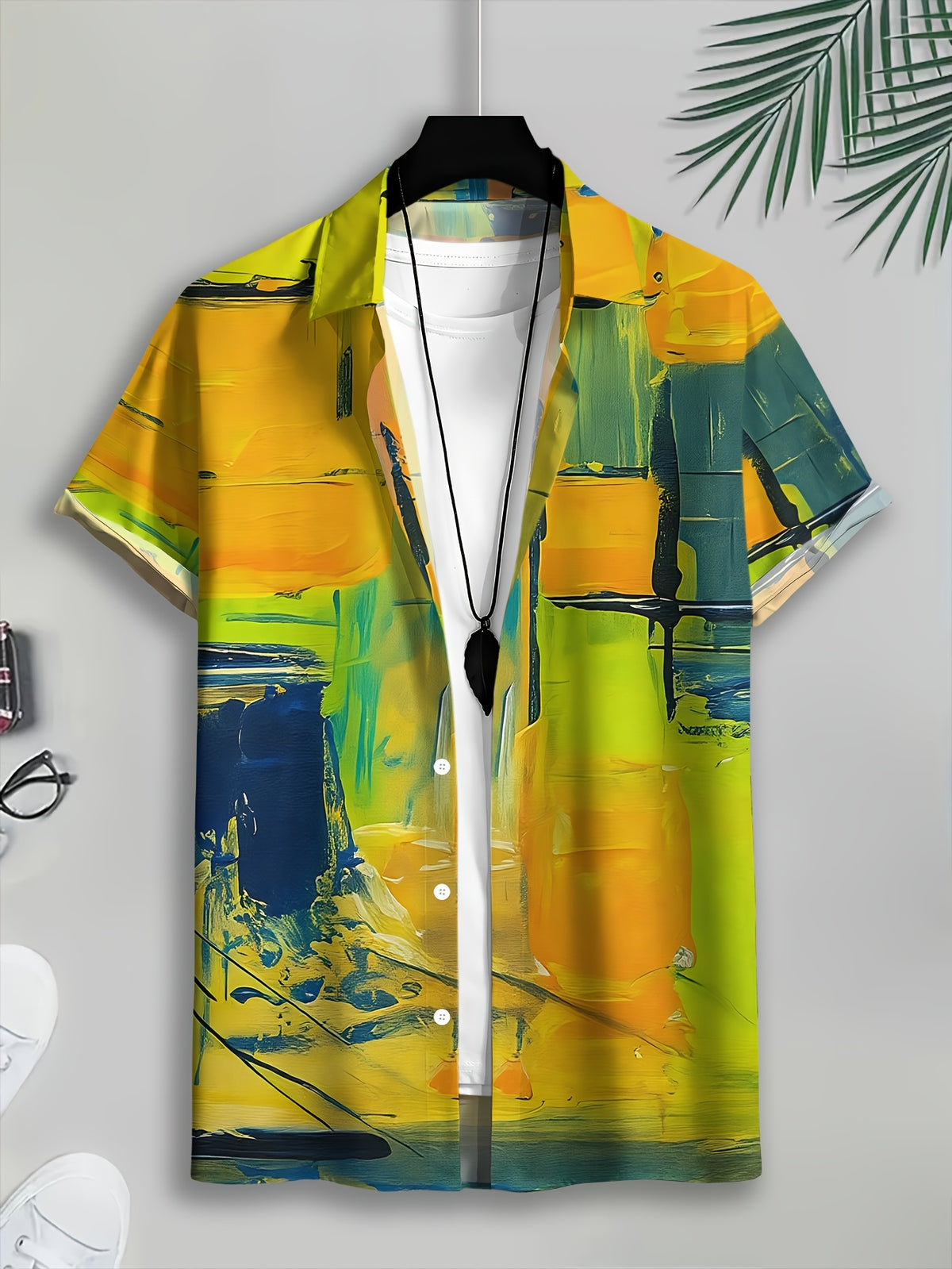 Abstract Art Men's Casual Shirt with Colorful Ink Splatter and Vibrant Summer Brushstroke Design