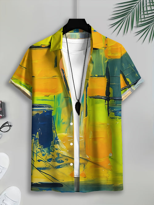 Abstract Art Men's Casual Shirt with Colorful Ink Splatter and Vibrant Summer Brushstroke Design
