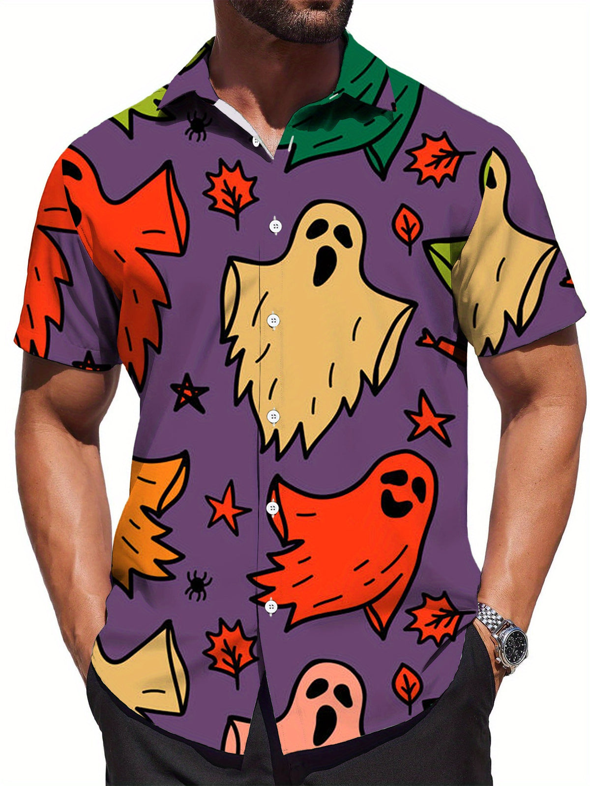 Men'S Halloween Pattern Short Sleeve Shirt - Vibrant Ghost And Autumn Leaves Print, Non-Stretch Fabric, Regular Fit, Casual Summer Style, Halloween Apparel | Playful Print | Short Sleeve Shirt